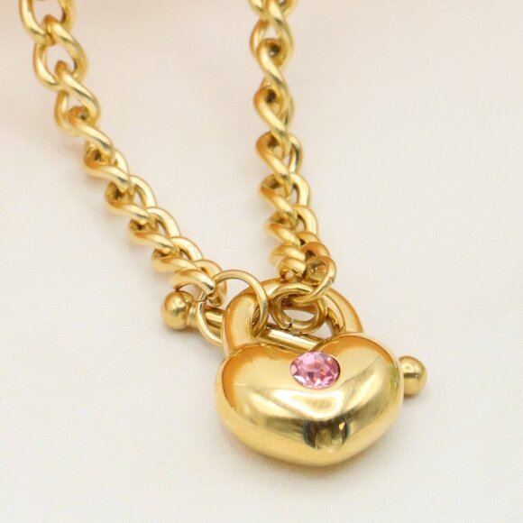 Chunky Gold Chain Necklace with Heart Pendant and Pink Stone, XPNL0372 - Picture 1 of 13